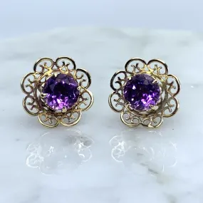 Vintage Amethyst Earrings set in a Yellow Gold Flower Setting. February Birthstone. Wedding Jewelry.