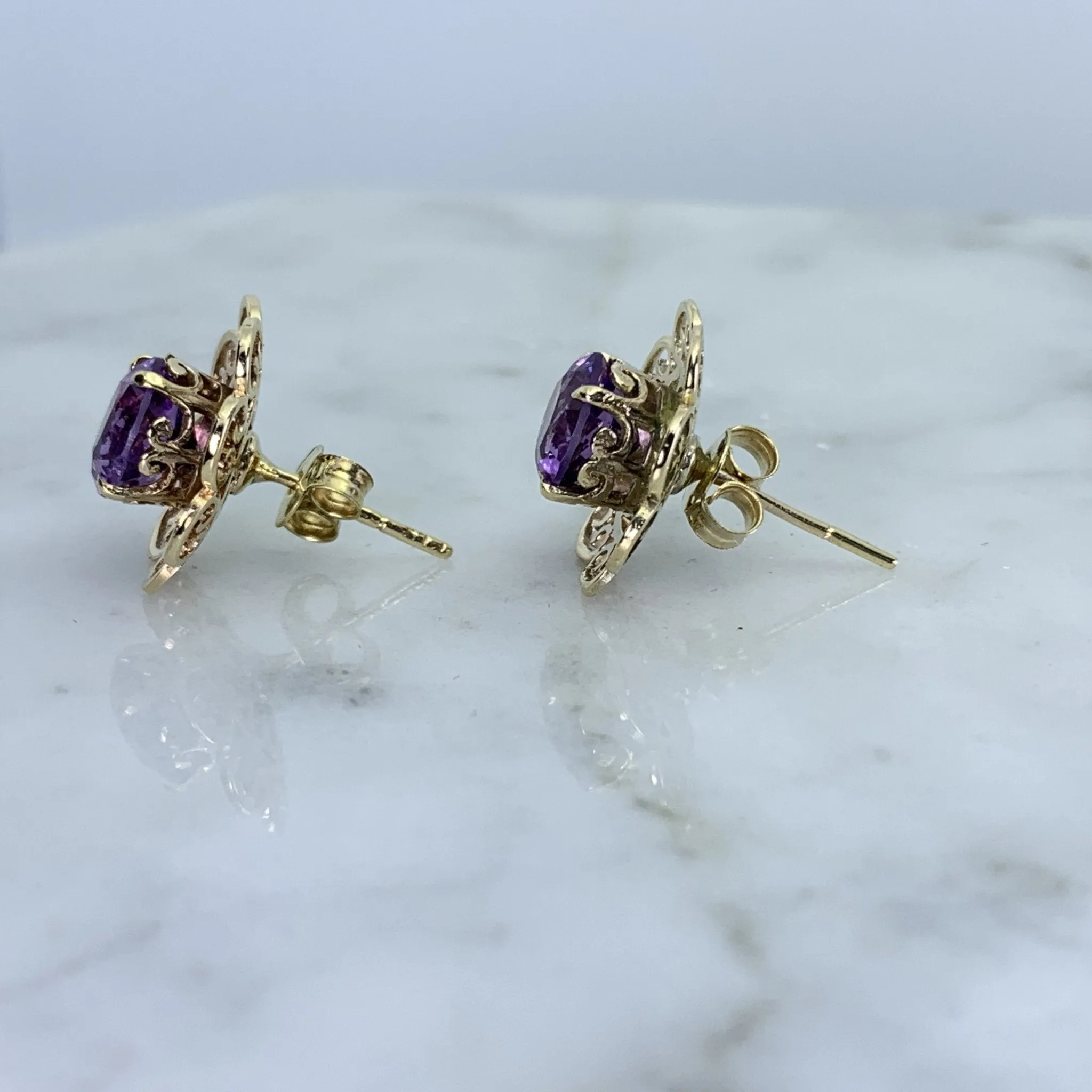 Vintage Amethyst Earrings set in a Yellow Gold Flower Setting. February Birthstone. Wedding Jewelry.