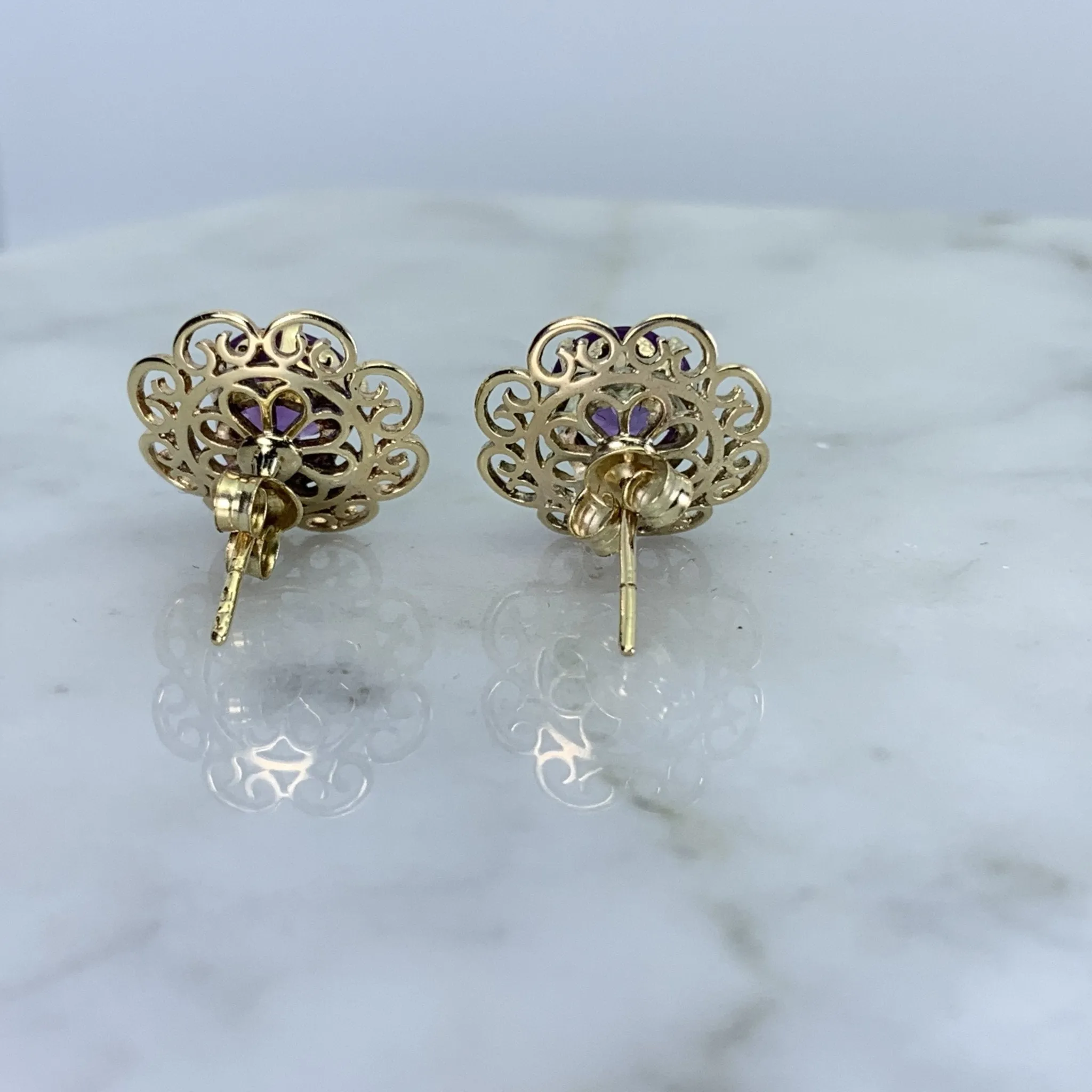 Vintage Amethyst Earrings set in a Yellow Gold Flower Setting. February Birthstone. Wedding Jewelry.