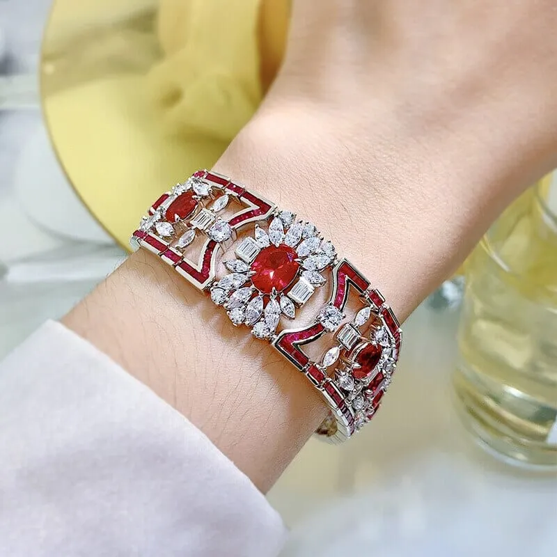 Vintage Natural Ruby Diamond 925 Sterling Silver Bangle Bracelet