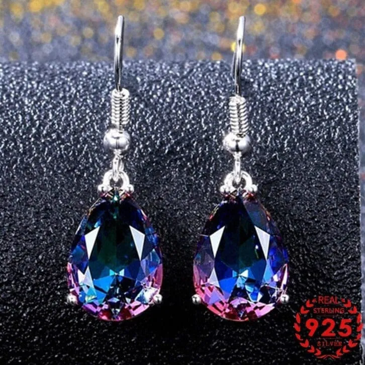 Water Drop Shaped Rainbow Topaz Drop Earrings  - 925 Sterling Silver