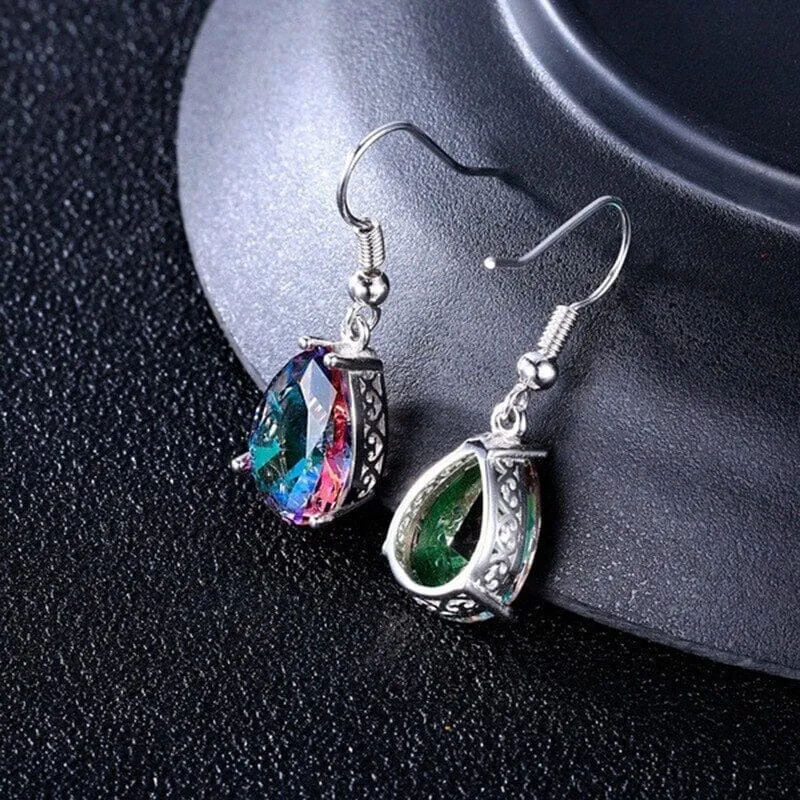 Water Drop Shaped Rainbow Topaz Drop Earrings  - 925 Sterling Silver