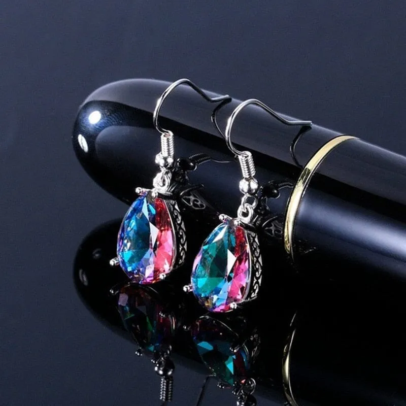 Water Drop Shaped Rainbow Topaz Drop Earrings  - 925 Sterling Silver